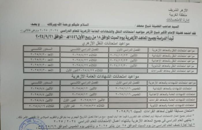 بالبلدي : مواعيد الدراسة والامتحانات للمعاهد الازهرية 2024 / 2025 م