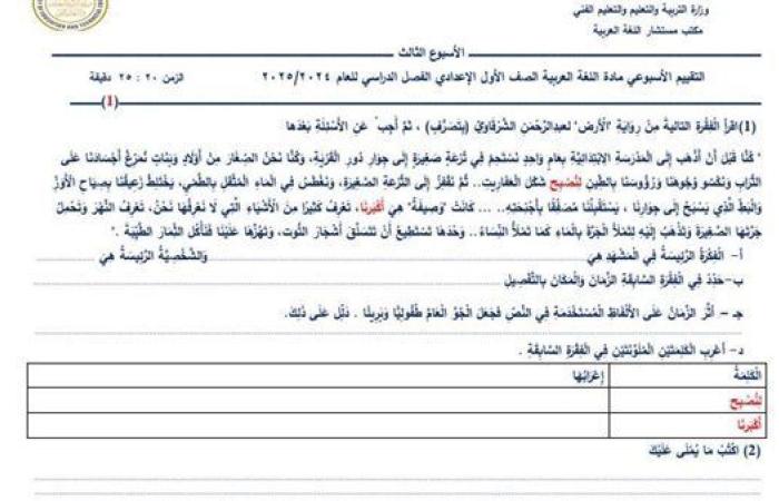 بالبلدي: مراجعات نهائية.. أسئلة تقييم الأسبوع الثالث لغة عربية لـ الصف الأول الإعدادي